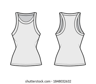 Cotton-jersey racer-back tank technical fashion illustration with fitted body, wide scoop neckline. Flat outwear cami apparel template front, back grey color. Women men unisex shirt top  mockup