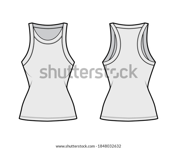Cotton-jersey racer-back tank technical fashion\
illustration with fitted body, wide scoop neckline. Flat outwear\
cami apparel template front, back grey color. Women men unisex\
shirt top \
mockup