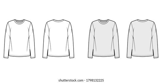 Cotton-jersey shirt technical fashion illustration with relaxed fit, crew neckline, long sleeves. Flat outwear basic apparel template front, back, white, grey color. Women, men, unisex top CAD mockup