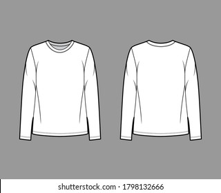 Cotton-jersey shirt technical fashion illustration with relaxed fit, crew neckline, long sleeves. Flat outwear basic apparel template front, back, white color. Women, men, unisex top CAD mockup. 