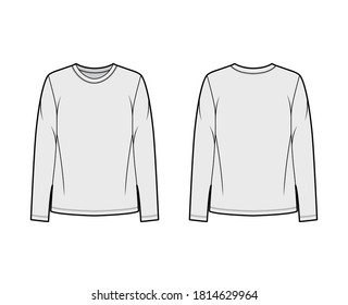 Cotton-jersey shirt technical fashion illustration with relaxed fit, crew neckline, long sleeves. Flat outwear basic apparel template front, back, grey color. Women, men, unisex top CAD mockup. 