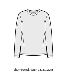 Cotton-jersey shirt technical fashion illustration with relaxed fit, crew neckline, long sleeves. Flat outwear basic apparel template front, grey color. Women, men, unisex top CAD mockup. 