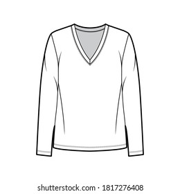 Cotton-jersey shirt technical fashion illustration with relaxed fit, plunging V-neckline, long sleeves. Flat outwear basic apparel template front, white color. Unisex top CAD mockup. 