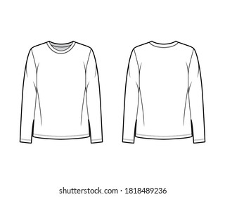 Cotton-jersey shirt technical fashion illustration with relaxed fit, crew neckline, long sleeves. Flat outwear basic apparel template front, back, white color. Women, men, unisex top CAD mockup. 