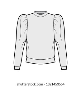 Cotton-jersey sweatshirt technical fashion illustration with relaxed fit, crew neckline, gathered, puffy long sleeves. Flat jumper apparel template front grey color. Women, men, unisex top CAD mockup