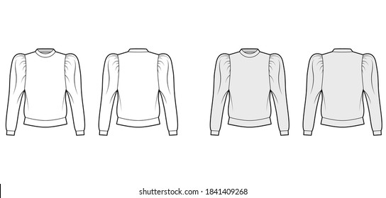 Cotton-jersey sweatshirt technical fashion illustration with relaxed fit, crew neckline, gathered, puffy long sleeves. Flat jumper apparel template front, back white, grey color. Women men, unisex top