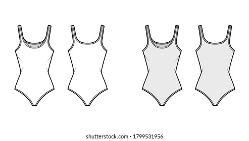 Cotton-jersey tank bodysuit technical fashion illustration with fitted body, sleeveless. Flat outwear cami apparel template front, back, white, grey color. Women men unisex top CAD mockup. 