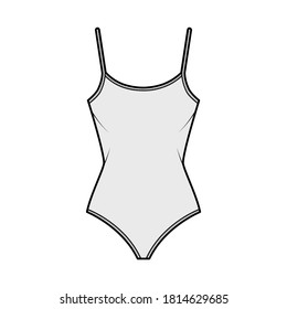 Cotton-jersey tank bodysuit technical fashion illustration with fitted body, sleeveless. Flat outwear cami apparel template front, grey color. Women men unisex top CAD mockup. 