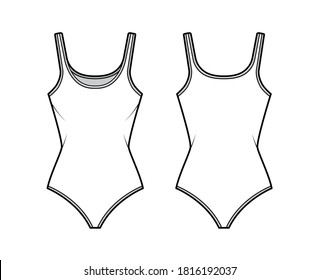 Ilustración técnica de la moda del estuche del tanque Cotton-jersey con cuerpo montado, sin mangas. Ropa plana de la plantilla de ropa de cami delantera, trasera, color blanco. Mujeres hombres unisex top CAD mockup. 