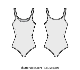 Cotton-jersey tank bodysuit technical fashion illustration with fitted body, sleeveless. Flat outwear cami apparel template front, back, grey color. Women top CAD mockup. 