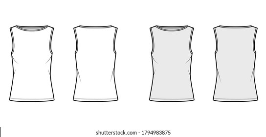 Cotton-jersey tank technical fashion illustration with relax fit, high neckline, elongated hem, sleeveless. Flat outwear shirt apparel template front, back white grey color. Women men unisex top CAD 