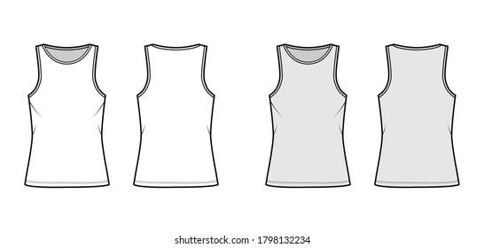 Cotton-jersey tank technical fashion illustration with relaxed fit, elongated hem, crew neckline. Flat outwear basic apparel template front, back, white grey color. Women, men, unisex shirt top mockup