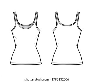 Ilustración técnica de la moda del tanque Cotton-jersey con cuello de cuchara, ajuste de cierre, longitud tútmica. Ropa plana de ropa básica de ropa de camisola de color blanco delantero. Mujeres hombres unisex camiseta top CAD mockup