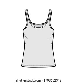 Ilustración técnica de la moda del tanque Cotton-jersey con cuello de cuchara, ajuste relajado, longitud túnica. Ropa plana básica de la plantilla de ropa de camisol, color gris. Mujeres hombres unisex camiseta top CAD mockup