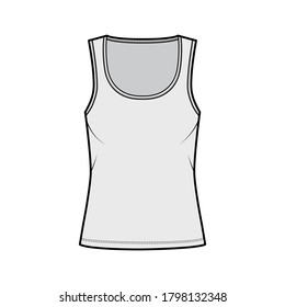 Cotton-jersey tank technical fashion illustration with relaxed fit, wide scoop neckline, sleeveless. Flat outwear cami apparel template front, grey color. Women men unisex shirt top CAD mockup