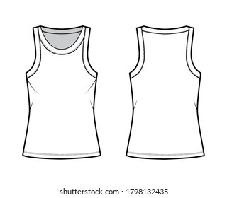 Ilustración de moda técnica del tanque Cotton-jersey con ajuste relajado, cuello de cuchara ancha, sin mangas. Delante de la plantilla de ropa de cami de ropa de vestir de ropa plana, color blanco trasero. Mujeres hombres unisex camiseta top CAD mockup