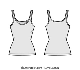 Cotton-jersey tank technical fashion illustration with scoop neck, close fit, tunic length. Flat outwear basic camisole apparel template front back grey color. Women men unisex shirt top CAD mockup