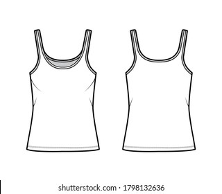 Cotton-jersey tank technical fashion illustration with scoop neck, relaxed fit, tunic length. Flat outwear basic camisole apparel template front back white color. Women men unisex shirt top CAD mockup