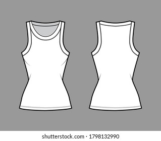 Cotton-jersey tank technical fashion illustration with fitted body, wide scoop neckline, sleeveless. Flat outwear cami apparel template front, back white color. Women men unisex shirt top CAD mockup