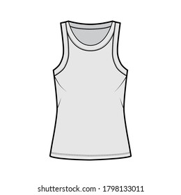 Cotton-jersey tank technical fashion illustration with relaxed fit, wide scoop neckline, sleeveless. Flat outwear cami apparel template front, grey color. Women men unisex shirt top CAD mockup
