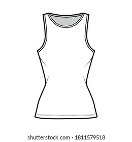 Cotton-jersey tank technical fashion illustration with slim fit, elongated hem, crew neckline. Flat outwear basic apparel template front, white color. Women, men, unisex shirt top CAD mockup