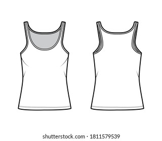 Ilustración técnica de la moda del tanque Cotton-jersey con cuello de cuchara, ajuste relajado, longitud túnica. Ropa plana de ropa básica de ropa de camisola de color blanco delantero. Mujeres hombres unisex camiseta top CAD mockup