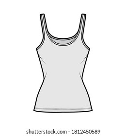 Ilustración técnica de la moda del tanque Cotton-jersey con cuello de cuchara, ajuste de cierre, longitud de túnica. Ropa plana de ropa básica de ropa de camisola de color gris frontal. Mujeres hombres unisex camiseta top CAD mockup