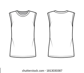 Cotton-jersey tank technical fashion illustration with crew neckline, oversized, cut armholes. Flat outwear basic shirt apparel template front, back, white color. Women, men unisex top CAD mockup