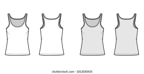 Ilustración técnica de la moda del tanque Cotton-jersey con cuello de cuchara, ajuste relajado, longitud túnica. Ropa plana de ropa básica de ropa de camisola de color gris blanco delantero. Mujeres hombres unisex camiseta superior CAD