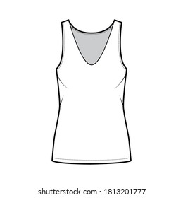 Ilustración de moda técnica del tanque Cotton-jersey con ajuste de relax, colador de cuello V, sin mangas. Ropa plana de la plantilla de ropa de camisol color blanco delantero. Mujeres hombres unisex camiseta top CAD mockup 