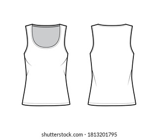 Cotton-jersey tank technical fashion illustration with relaxed fit, wide scoop neckline, sleeveless. Flat outwear cami apparel template front, back white color. Women men unisex shirt top CAD mockup