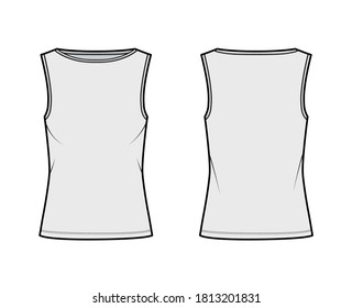 Cotton-jersey tank technical fashion illustration with relax fit, high neckline, elongated hem, sleeveless. Flat outwear shirt apparel template front, back grey color. Women men unisex top CAD mockup 