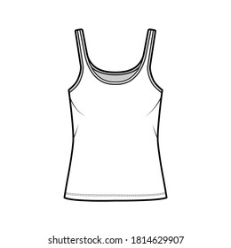 Ilustración técnica de la moda del tanque Cotton-jersey con cuello de cuchara, ajuste relajado, longitud túnica. Ropa plana básica de la plantilla de la ropa de camisón, color blanco. Mujeres hombres unisex camiseta top CAD mockup