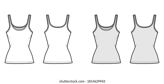 Ilustración técnica de la moda del tanque Cotton-jersey con cuello de cuchara, ajuste de cierre, longitud tútmica. Ropa plana de ropa básica de ropa de camisola de color gris blanco delantero. Hombres mujeres unisex camiseta top mockup