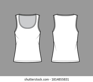 Cotton-jersey tank technical fashion illustration with relaxed fit, wide scoop neckline, sleeveless. Flat outwear cami apparel template front, back white color. Women men unisex shirt top CAD mockup