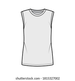 Cotton-jersey tank technical fashion illustration with crew neckline, oversized, cut armholes. Flat outwear basic shirt apparel template front, grey color. Women, men unisex top CAD mockup