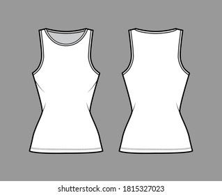 Cotton-jersey tank technical fashion illustration with slim fit, elongated hem, crew neckline. Flat outwear basic apparel template front, back, white color. Women, men, unisex shirt top CAD mockup