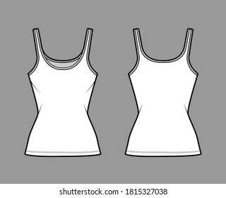 Ilustración técnica de la moda del tanque Cotton-jersey con cuello de cuchara, ajuste de cierre, longitud de túnica. Ropa plana de ropa básica de ropa de camisola de color blanco delantero. Mujeres hombres unisex camiseta top CAD mockup