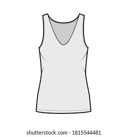 Cotton-jersey tank technical fashion illustration with relax fit, plunging V-neckline, sleeveless. Flat outwear camisole apparel template front, grey color. Women men unisex shirt top CAD mockup 