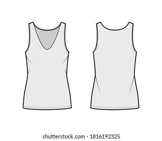 Ilustración de moda técnica del tanque Cotton-jersey con ajuste de relax, colador de cuello V, sin mangas. Funda plana de la plantilla de la ropa de camisole, color de fondo gris. Mujeres hombres unisex camiseta top CAD mockup 