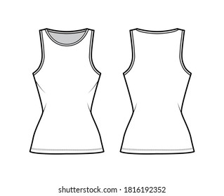 Cotton-jersey tank technical fashion illustration with slim fit, elongated hem, crew neckline. Flat outwear basic apparel template front, back, white color. Women, men, unisex shirt top CAD mockup