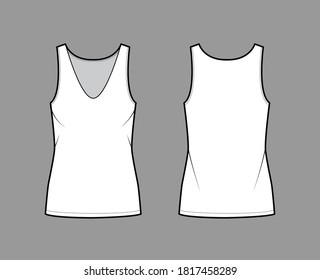 Cotton-jersey tank technical fashion illustration with relax fit, plunging V-neckline, sleeveless. Flat outwear camisole apparel template front back white color. Women men unisex shirt top CAD mockup 