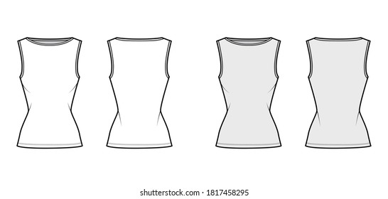 Cotton-jersey tank technical fashion illustration with slim fit, wide boat neckline, elongated hem. Flat outerwear shirt apparel template front, back white grey color. Women top CAD mockup 