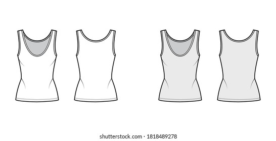 Cotton-jersey tank technical fashion illustration with fitted body, deep scoop neck, elongated hem. Flat outwear apparel template front, back, white grey color. Women, men unisex shirt top CAD mockup 