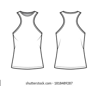 Cotton-jersey tank technical fashion illustration with racer-back straps, oversized, elongated hem, crew neck. Flat outwear apparel template front, back, white color. Women, men unisex shirt top CAD