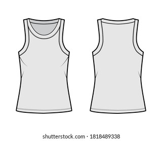 Cotton-jersey tank technical fashion illustration with relaxed fit, wide scoop neckline, sleeveless. Flat outwear cami apparel template front, back grey color. Women men unisex shirt top CAD mockup