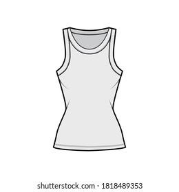 Cotton-jersey tank technical fashion illustration with fitted body, wide scoop neckline, sleeveless. Flat outwear cami apparel template front, grey color. Women men unisex shirt top CAD mockup