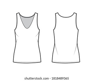 Cotton-jersey tank technical fashion illustration with relax fit, plunging V-neckline, sleeveless. Flat outwear camisole apparel template front back white color. Women men unisex shirt top CAD mockup 