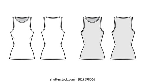 Cotton-jersey tank technical fashion illustration with slim fit, elongated hem, crew neckline. Flat outwear basic apparel template front, back, white grey color. Women, men unisex shirt top CAD mockup