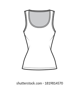 Cotton-jersey tank technical fashion illustration with slim fit, wide scoop neckline, sleeveless. Flat outwear cami apparel template front, white color. Women men unisex shirt top CAD mockup 